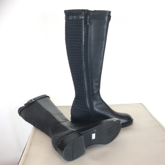 NWT COLE HAAN Women’s Tall Black Leather Stretch Business Casual Preppy Boots 5 - Picture 9 of 13